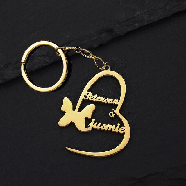 Heart Butterfly Couple Name Keychain