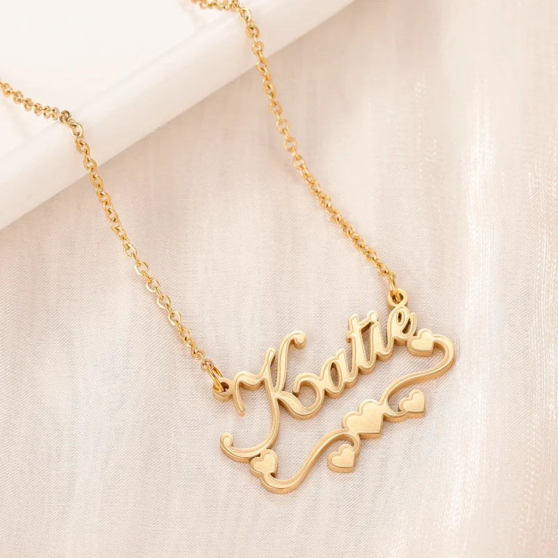 Personalised Single Name Necklace – Ribbon & Hearts Custom Cute Unique Jewellery Gift