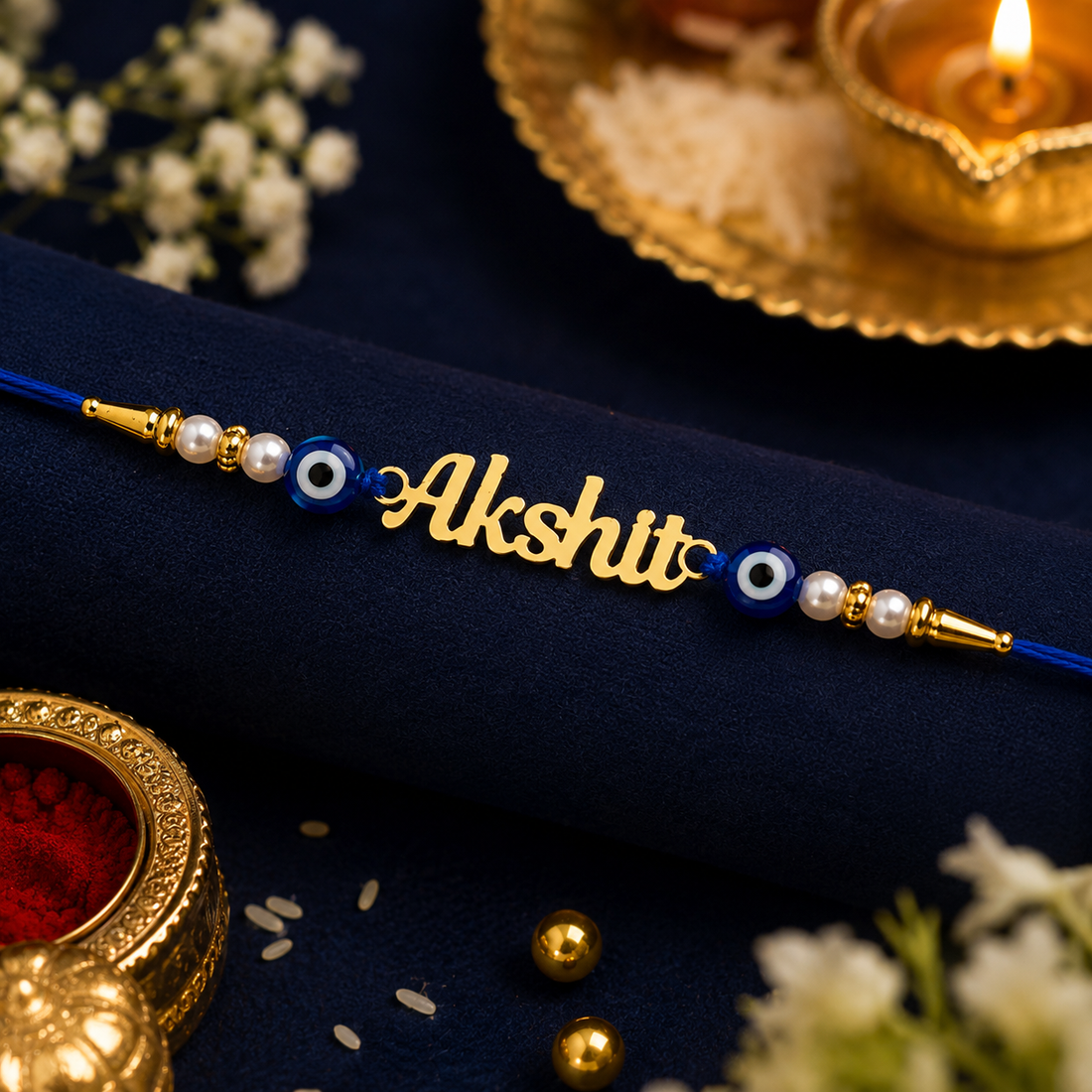 Personalized Evil Eye Name Rakhi with Pearl Beads | Custom Gold Name Rakhi for Brother | Handmade Raksha Bandhan Gift