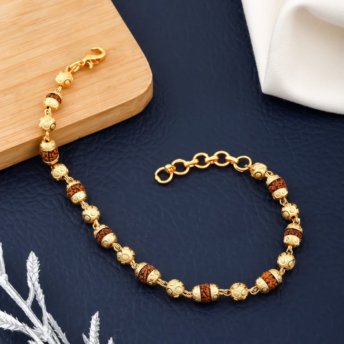 Adjustable Rudraksha & Golden Beads Bracelet – Elegant Ethnic Healing Kada(R-5)