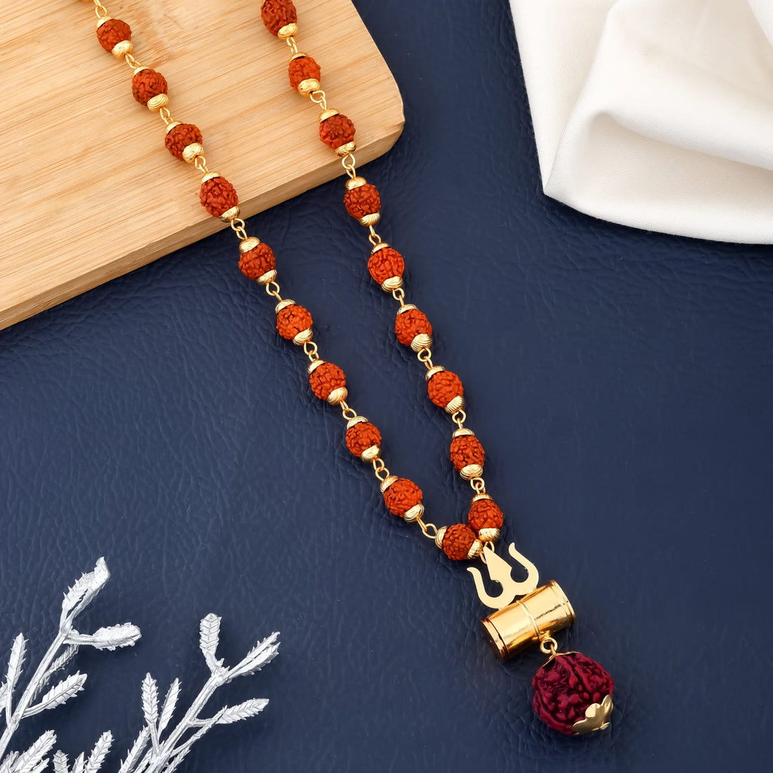 Rudraksha Trishul Damru Mala with Gold Plated Chain(R-10)