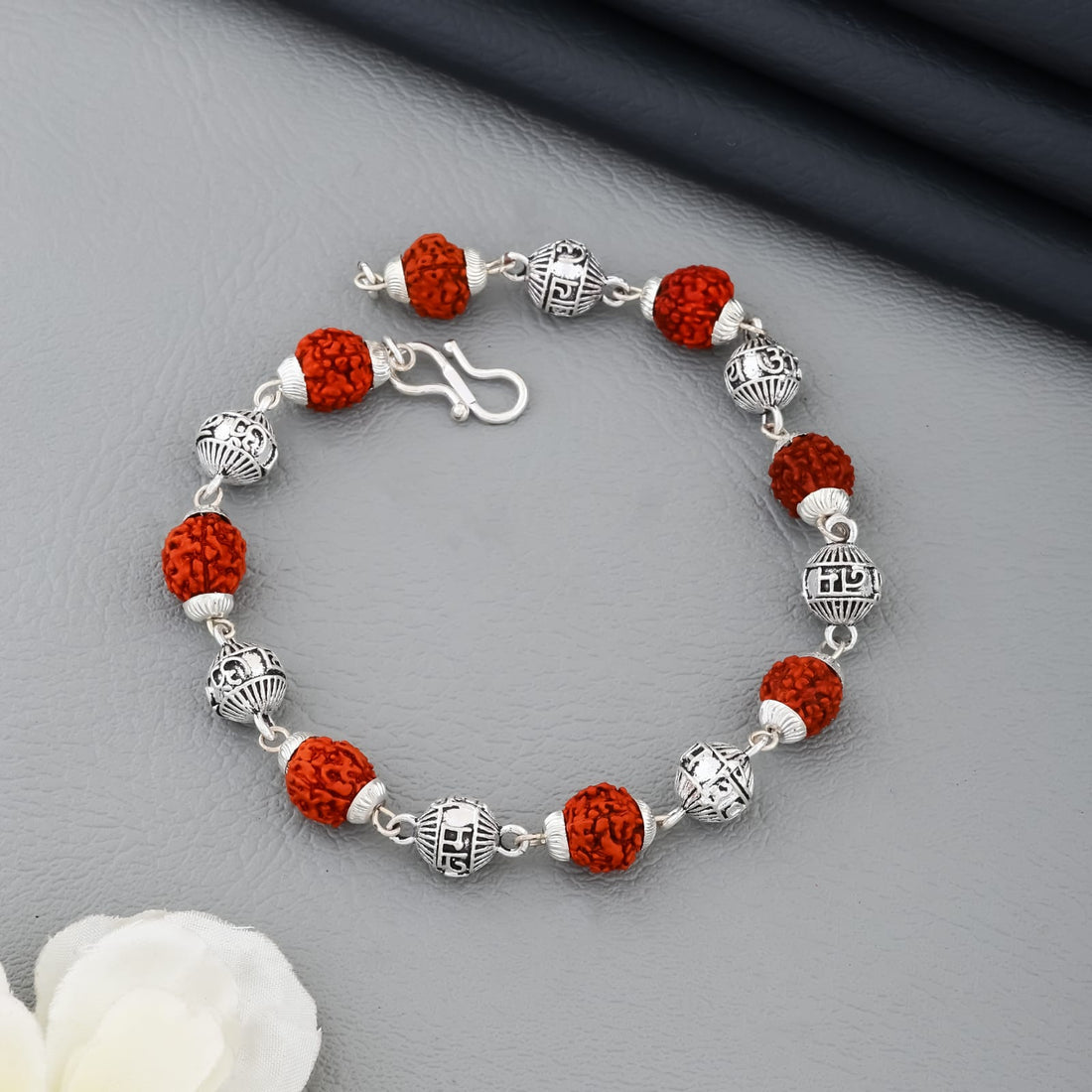 Spiritual Rudraksha & Silver-Toned Beads Bracelet – Handcrafted Hindu Healing Kada(R-3)