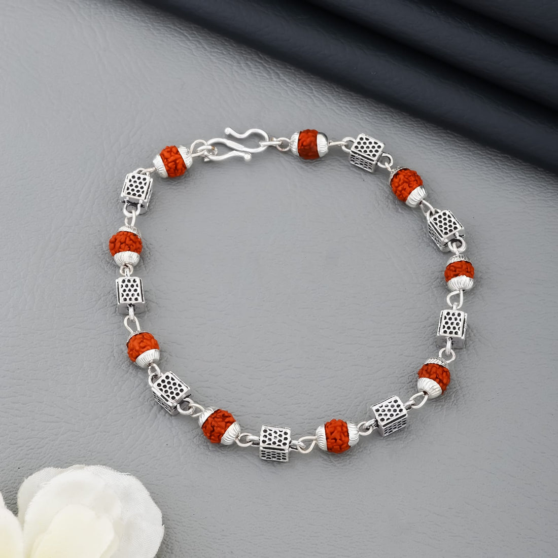 Rudraksha & Designer Silver Cube Beads Bracelet – Traditional Energy Kada for Men & Women(R-4)