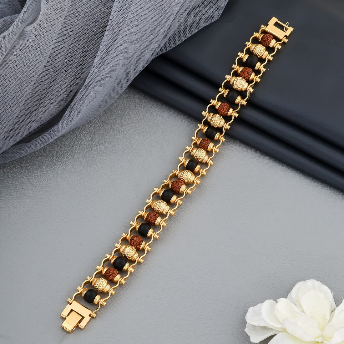 Premium Triple-Line Rudraksha, Black Beads & Gold-Tone Kada Bracelet – Heavy Designer Look(R-6)