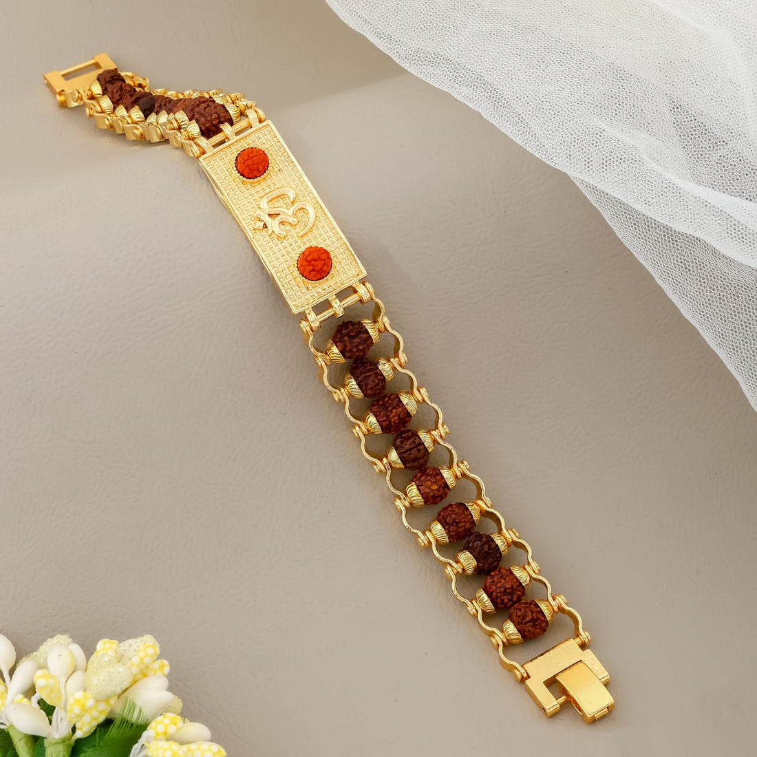 Spiritual Rudraksha Om Bracelet – Gold Plated for Men(R-8)