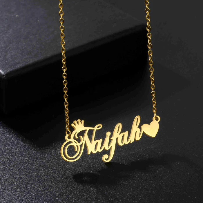 Gold Plated Crown With Heart Name Necklace